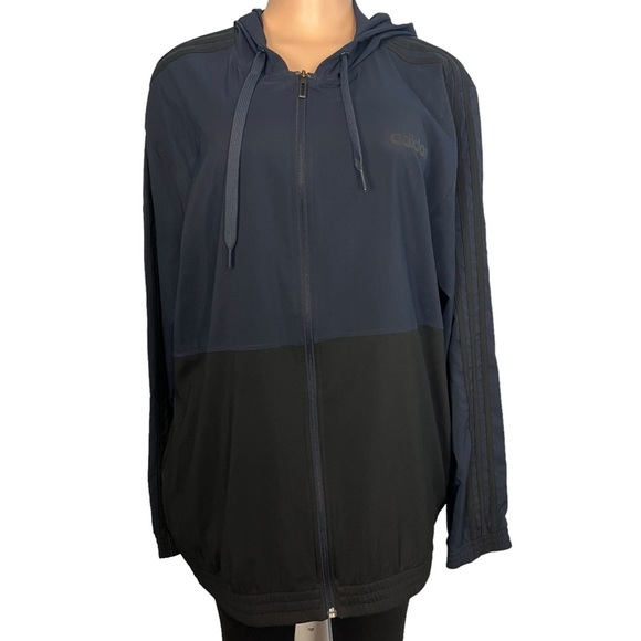 Adidas 3-Stripe Hooded Zip-Up Woven Jacket Navy Blue & Black - Picture 1 of 8